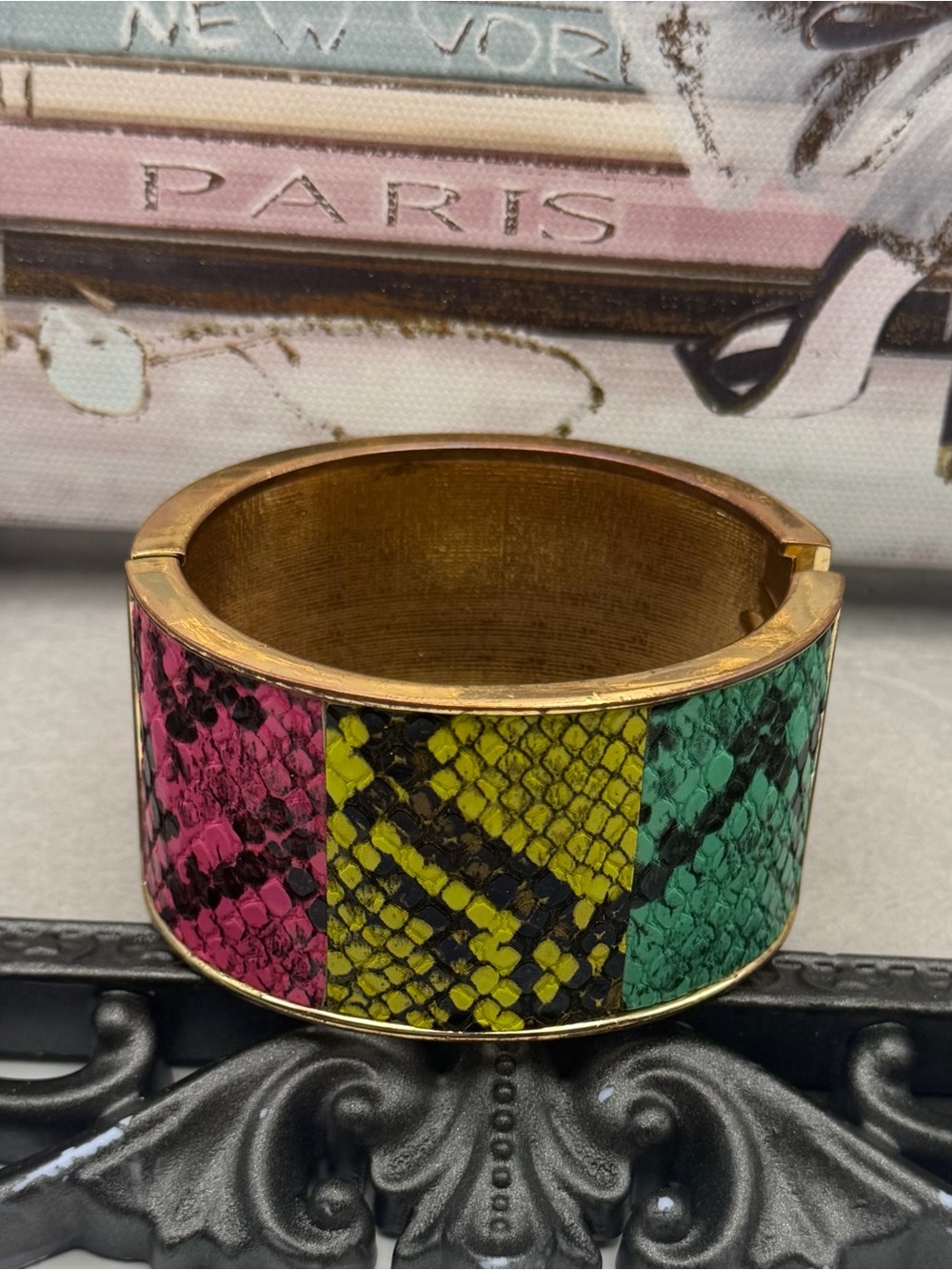Aldo Gold-Tone Pink, Yellow & Green Snake-Print Wide Bangle Bracelet
